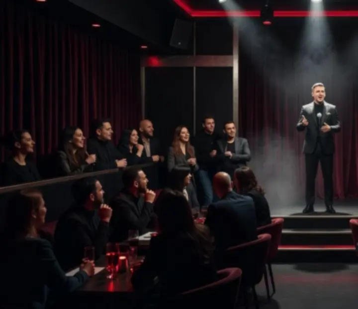 Stand-up est színpad reflektorokkal és nevető közönséggel